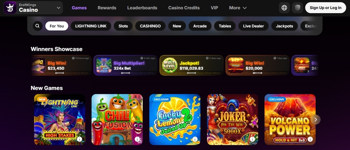 DraftKings Casino with winners showcase cards and new games